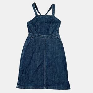 Denim Midi Dress Adjustable Straps Fitted Waist Dark Wash Womens 0/XXS